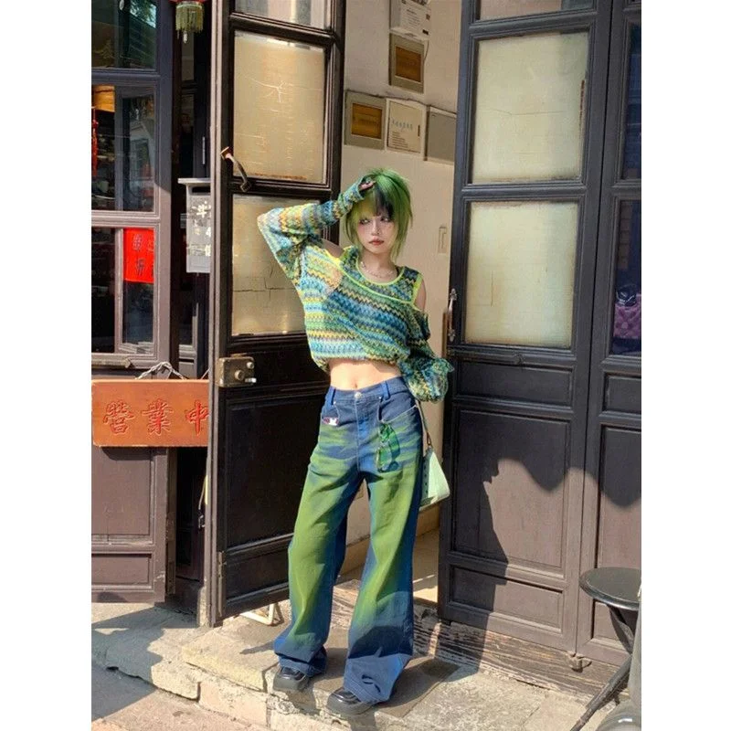 

Vintage Washed and Old Spray Painted Straight Jeans for Women In New Style Commuter High-waisted Loose Wide Leg Pants