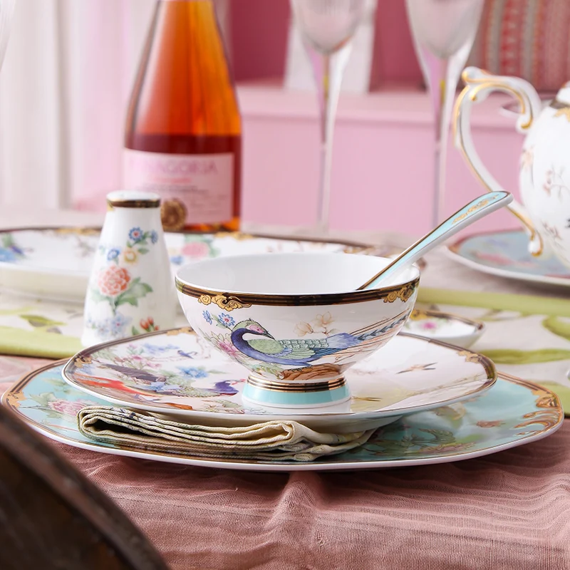 Креативные керамические тарелки ручная роспись декор павлина обеденный набор