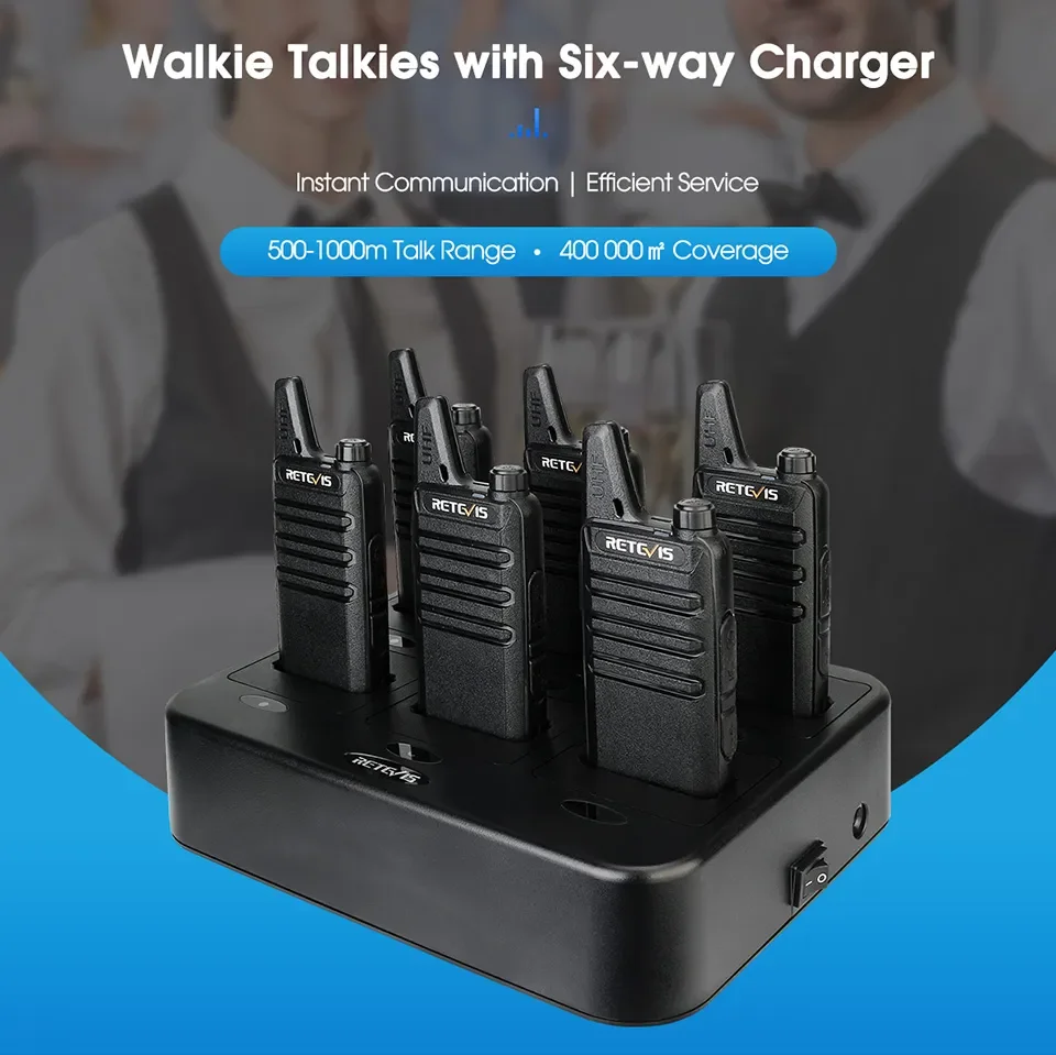 

Retevis Walkie Talkies 6 pcs Walkie Talkie Professional Mini PMR PMR446 FRS for Hotel Restaurant with 6 Way Multi Gang Charger