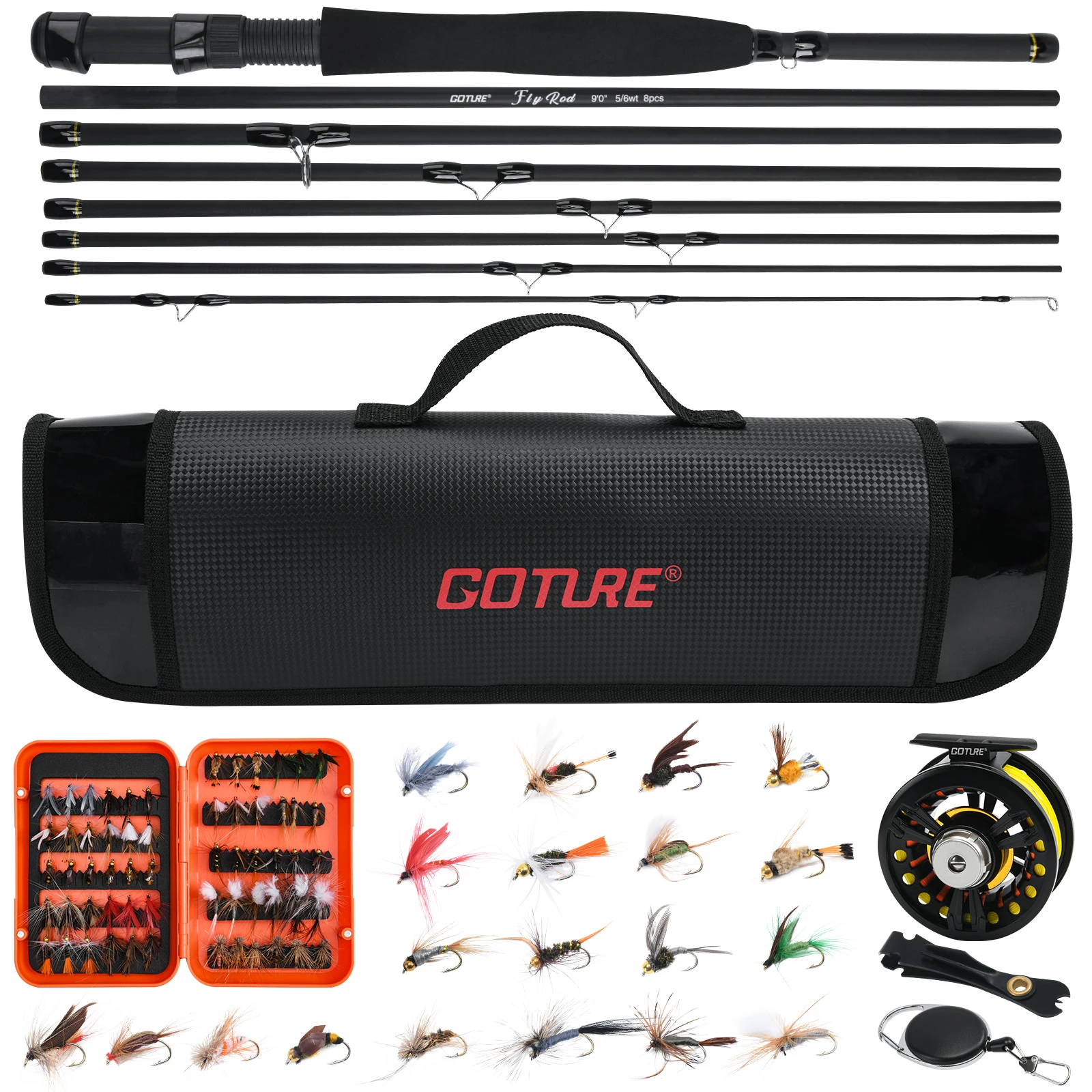 Goture 9FT 2.7M Fly Fishing Rod and Reel Full Kit 8 Sections Cork Carbon Fiber Fishing Fly Pole With Fly Fishing Flies and Bag