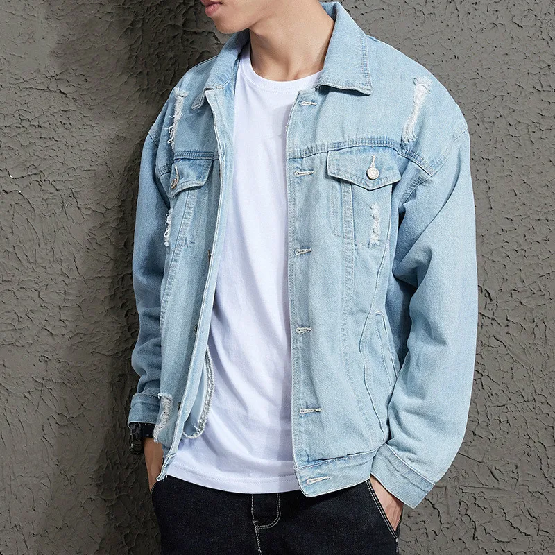 Mens Denim Ripped Jacket Distressed Korean Style Fashion Blue Casual Couple Jacket Boys Loose Long Sleeve Plus Size Coat Male