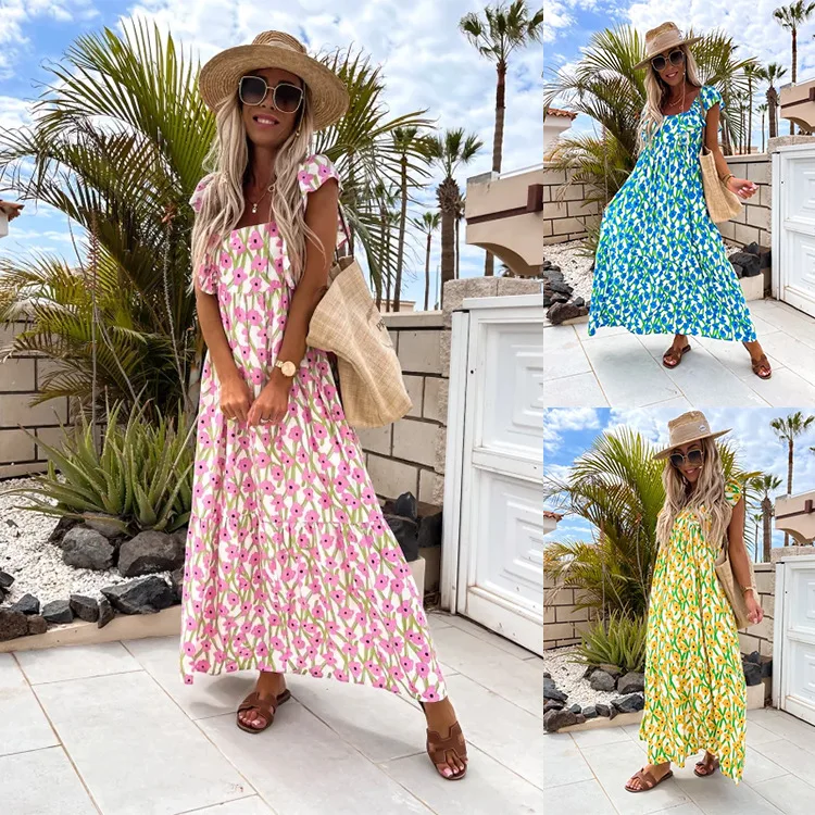 

2023 New Fashion Short Sleeve Print Long Dress Loose Casual Beach Dress Women