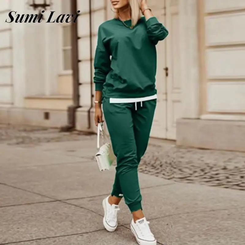 

Повседневная однотонная спортивная рубашка, комплект из 2 предметов, Женский Топ с круглым вырезом и длинными рукавами, комплект из футболк...