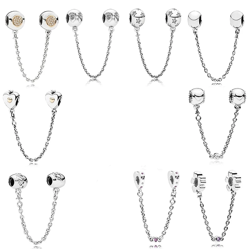 

100% Real 925 Sterling Silver pan Bow Starlight Pentagram Logo CLIMBING TWO-TONE SIGNATURE Safety Chain Fit Charms Bracelet