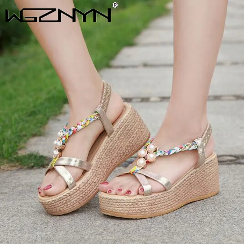 

2022 Summer New Casaul Women's Sandals Platform Wedges High Heels Beach Retro Bead Fashion Sandals Lady Thick Bottom Shoes Woman
