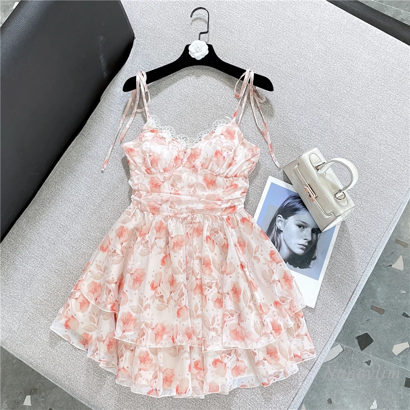 

Holiday Seaside Dress for Women 2022 Summer New Sexy Lace Edge Tight Waist Slimming Printed Sling Chiffon Dresses Female Clothes
