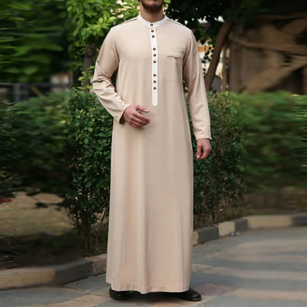 New Muslim Robe White Yellow Men Caftan Long Sleeve Round Button Muslim Clothing Breathable Eid Middle East Jubba Thobe Gift