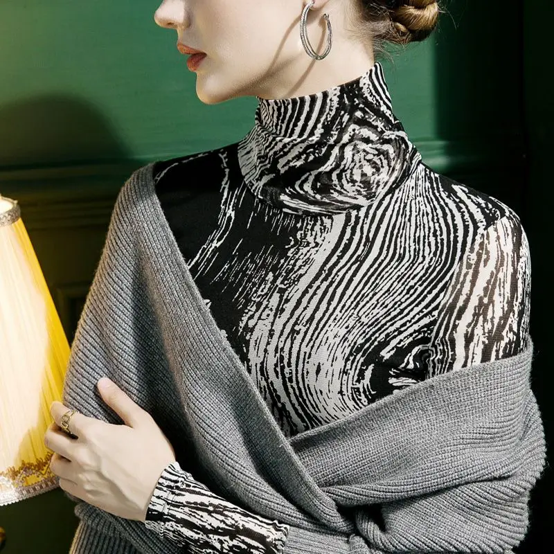 2024 Сетчатая футболка с высоким воротом женская облегающая принтом в западном