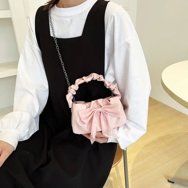 Плиссированные мини-сумки для женщин милая Наплечная Сумка принцессы с бантом