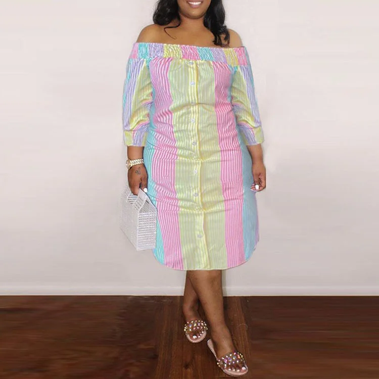 Plus Size Women's Dress 2023 New Large Autumn Long Sleeve Striped Print Off Shoulder Long Dresss Loose Fashion Female Dress