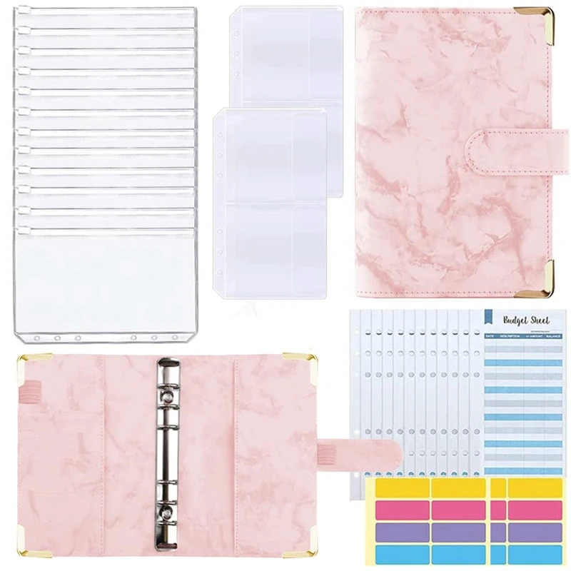 

NEW-A6 Budget Binder, 29Pcs Marble Cover with Money Saving Binder, Cash Envelopes, Budget Sheets,for Saving Money