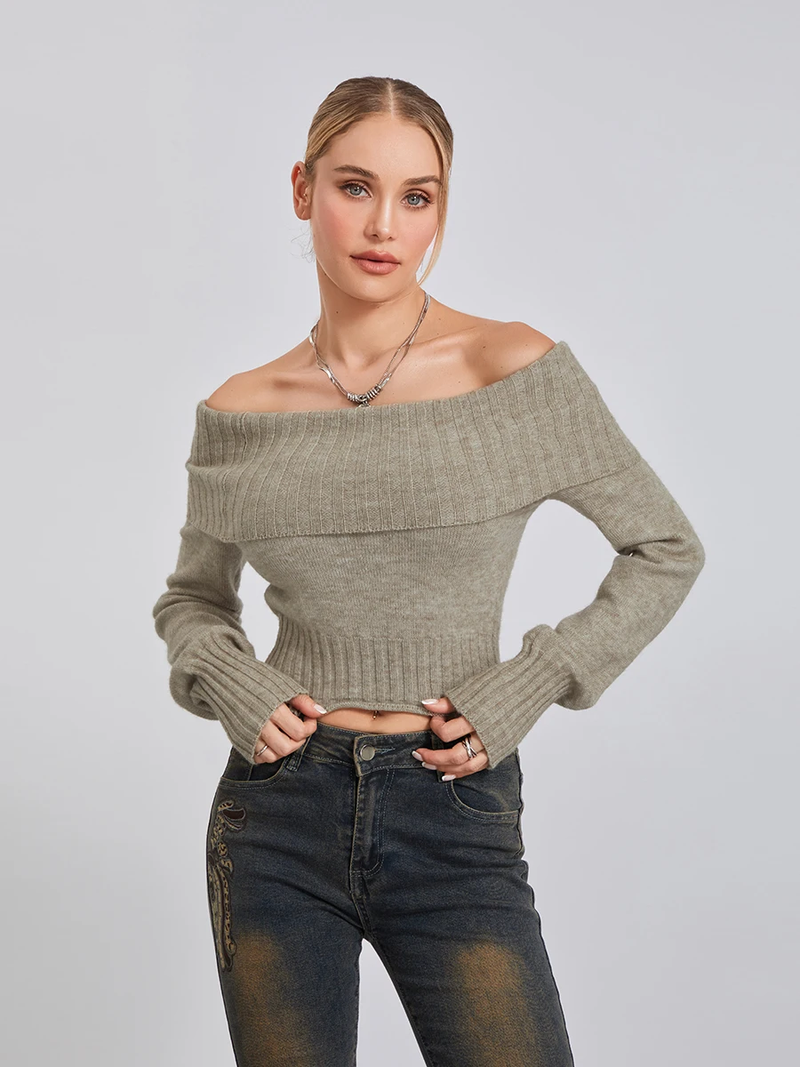 

Women's Off-Shoulder Crop Sweater Solid Color Boat Neck Long Sleeve Show Navel Knitwear Fall Winter Slim Tops