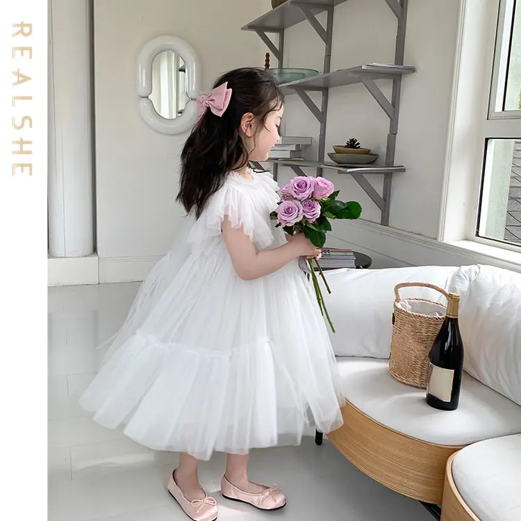 

2023 Girls Dress New Summer Girl Dresses solid fly sleeve Princess Dress Toddler Tutu Baby Kid Birthday Tulle Clothing