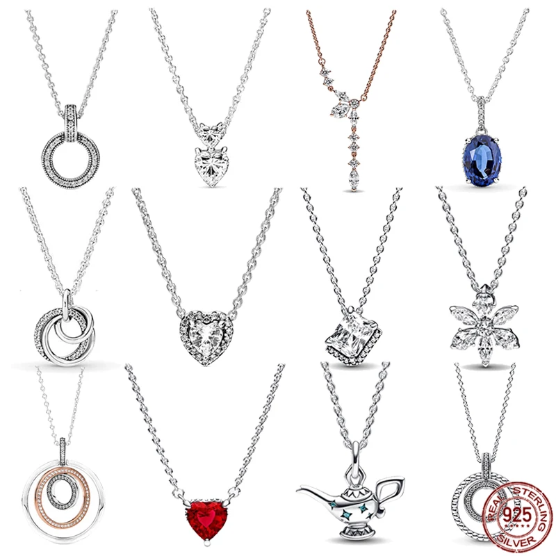 

2023 new 925 sterling silver red heart blue oval snowflake pendant necklace fit original beads DIY women's jewelry