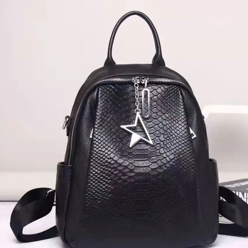 

Design Black Serpentine Pattern Cowhide Leather Women Backpack Designers Teenage Girl High Quality Books Rucksackbackpack For Wo