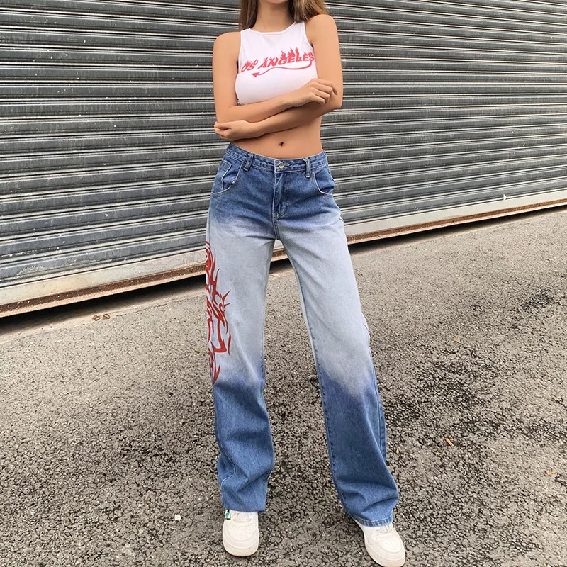 

Casual Straight Denim Trousers Fashion Pocket Printed High Waist Long Jeans Pants Summer Women Hip Hop Goth 2021 New Streetwear