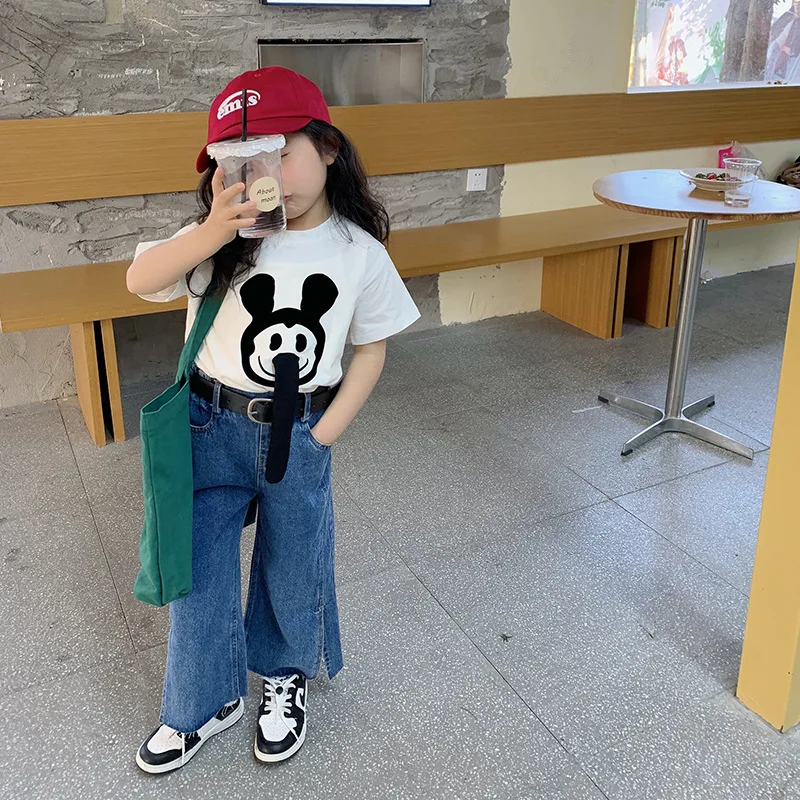 

Mila Chou 2022 Spring Baby Girls Cotton Mickey Long Nose Short Sleeve White T-Shirt Children's Plaid Skirt +T-Shirt Kids Clothes