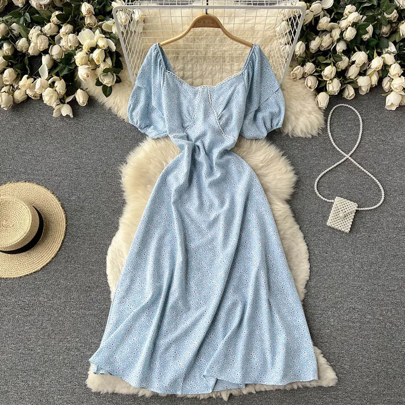 

2022 New French Summer Dress Women's Floral Chiffon Dresses Femme Robe Short Sleeve Square Collar Slim Midi Dress Women Clothing