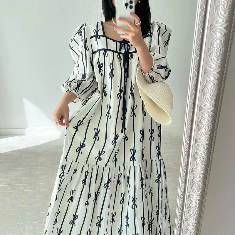 

SuperAen 2022 Summer Square Collar Lace Up Bow Printing A-LINE Casual Dresses for Women