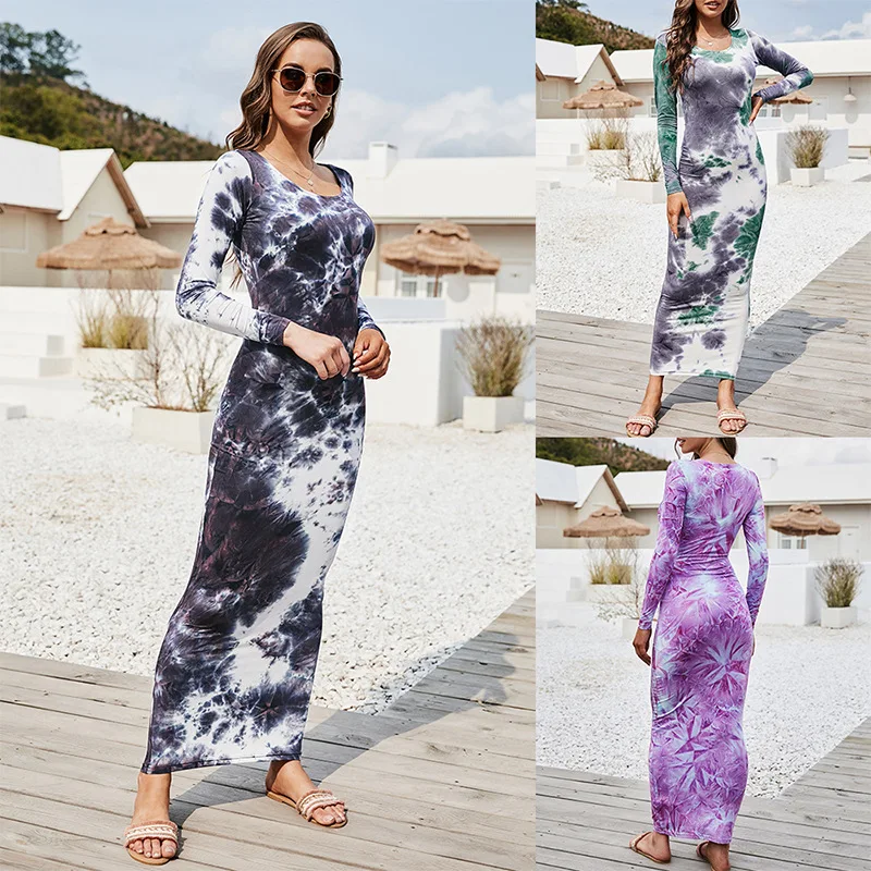 

LIZHILIZHI Print Round Neck Tight Dress Long Sleeve Slim Pack Hip Dress Women's Dress Daily Commuter