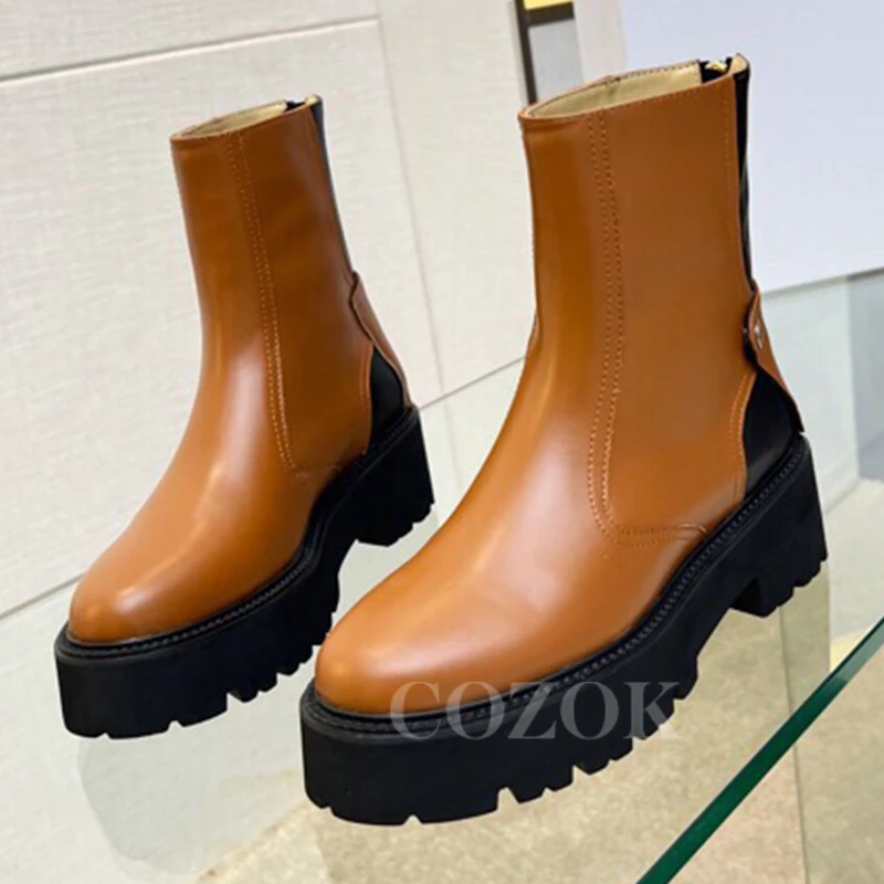 

Женские новые зимние кожаные ботинки, Дизайнерские ботильоны на платформе, увеличивающие рост женские ботинки с широким носком