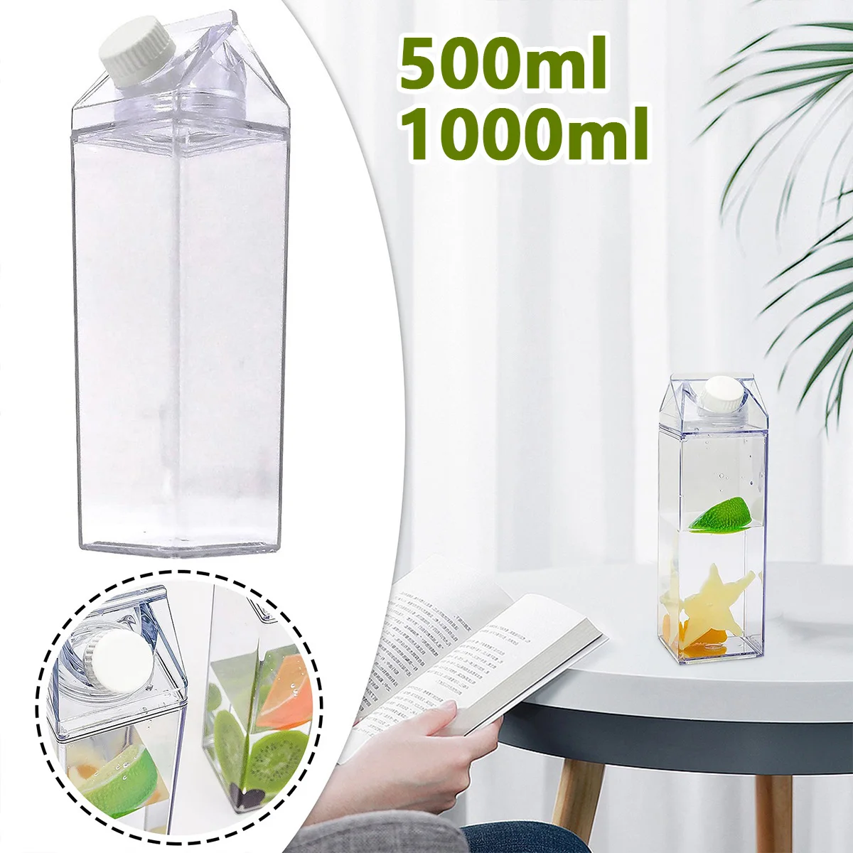 

500/1000Ml Clear Milk Carton Water Bottle Leak-proof Milk Box Water Bottle with 2 Spouts Portable Reusable Milk Bottles