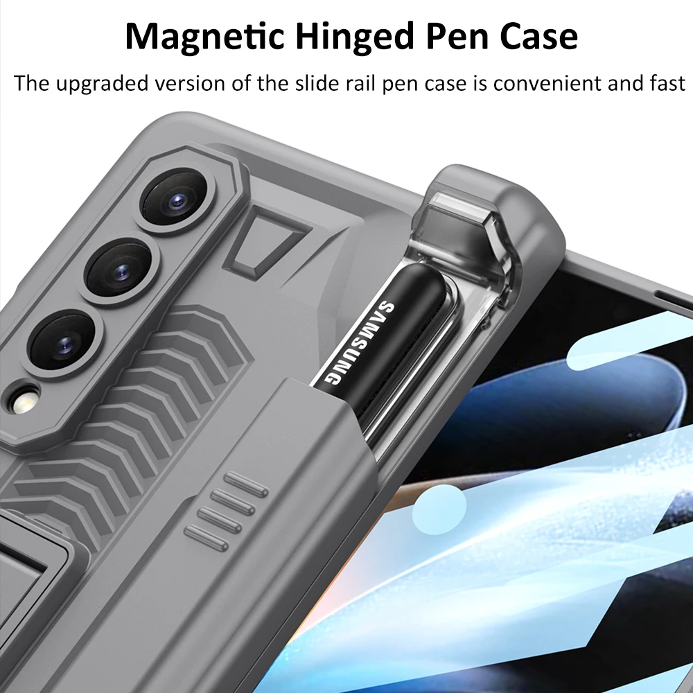 Slide S Pen Holder Armor Magnetic Case For Samsung Galaxy Z Fold 5 4 360 Full Screen Protector Kickstand Phone Cover Shockproof