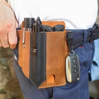 fashion retro outdoor pu leather waist hanging bag tool carrying storage waist bag men tactical waist bag keychain with belt
