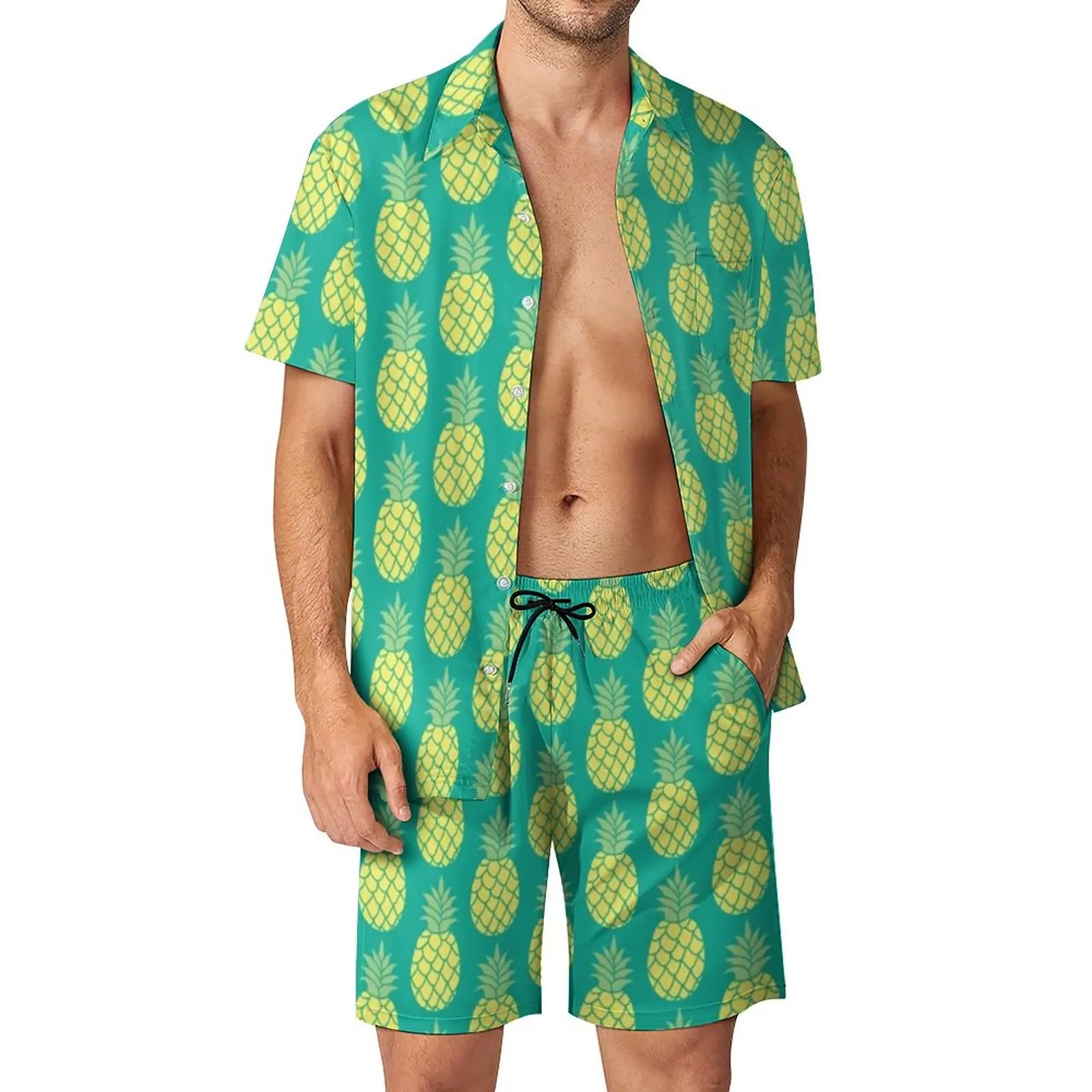 

Tropical Pineapple Beach Men Sets Fruit Print Casual Shirt Set Summer Pattern Shorts Two-piece Trendy Suit Big Size 2XL 3XL