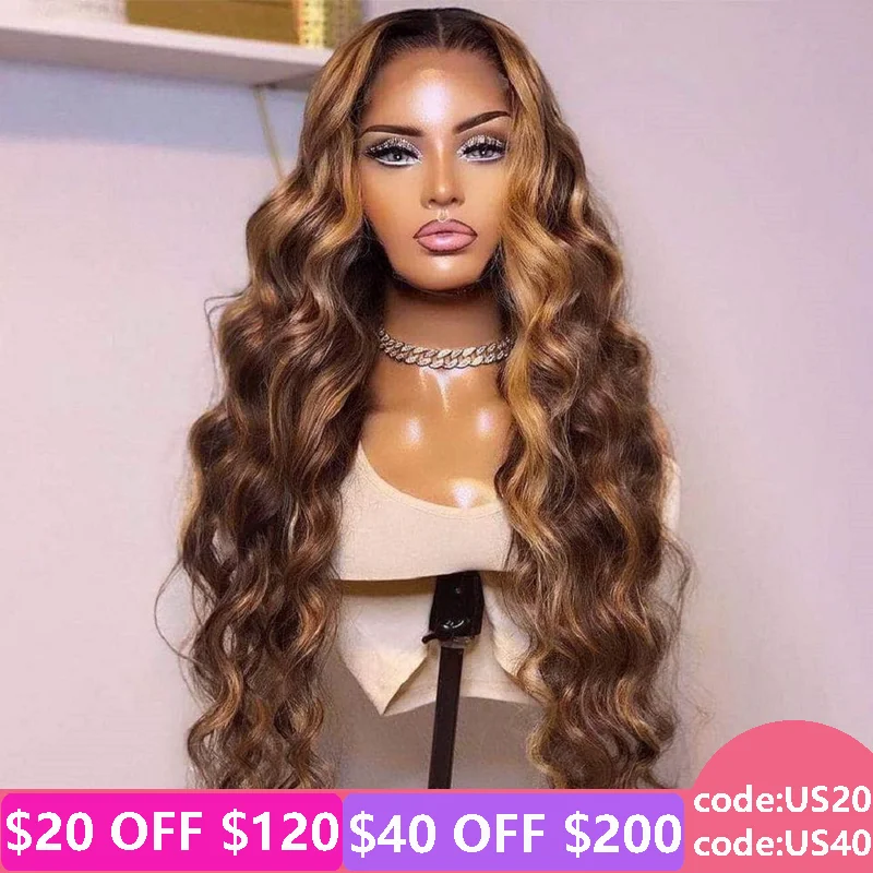 Highlight 30 32 inch 360 HD Lace Front Wigs Body Wave P4/27 Highlight Wig Human Hair Wigs For Women Ombre 13x4 Lace Frontal Wigs