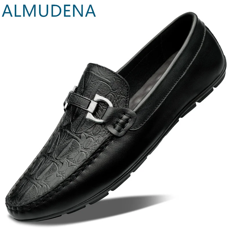 Autumn Winter Men Loafers Genuine Leather Print Solid Metal Buckle Shoes Slip On Casual Leisure Flat Heel Shoes Adults Loafers