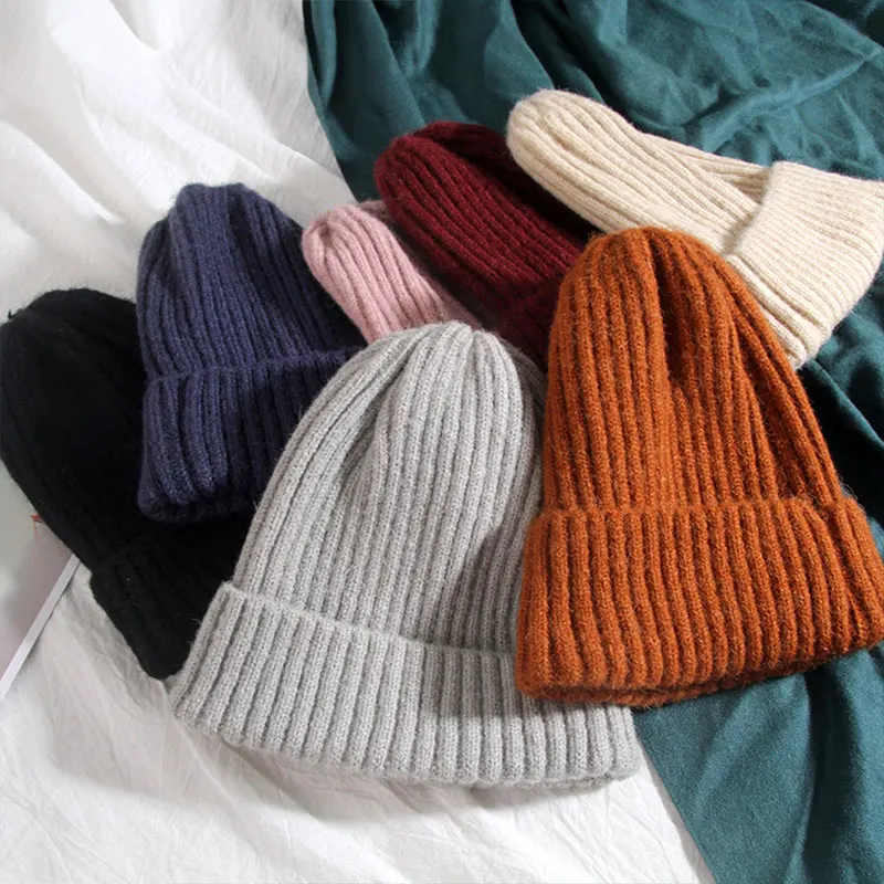 

2023 New Winter Solid Color Wool Knit Beanie Women Fashion Casual Hat Warm Female Soft Thicken Hedging Cap Slouchy Bonnet Ski