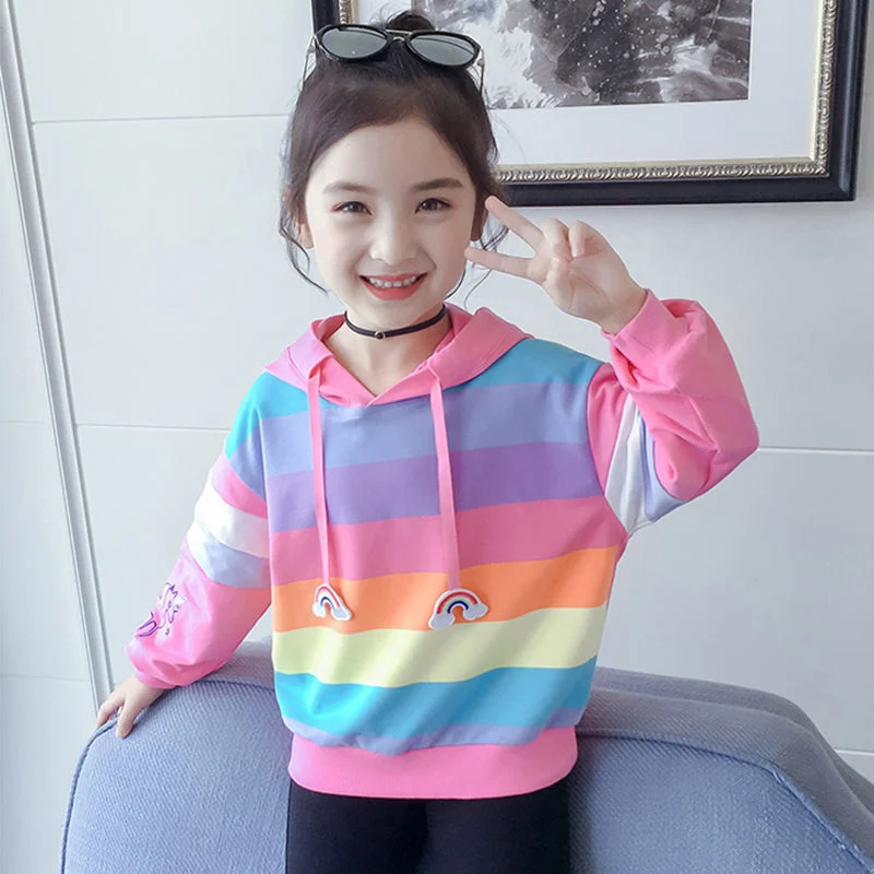 Girls' Hoodies Sweatshirts Jacket 2022 Rainbow Spring Autumn Top Thicken Pullover Fleece Tops Cotton Toddler Pullover Baby's Kid