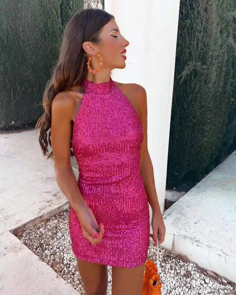 

Sexy Off Shoulder Sleeveless Slim Mini Party Dress Ladies Elegant Sequin Shiny O Neck Dress Summer Women Fashion Bag Hip Dresses