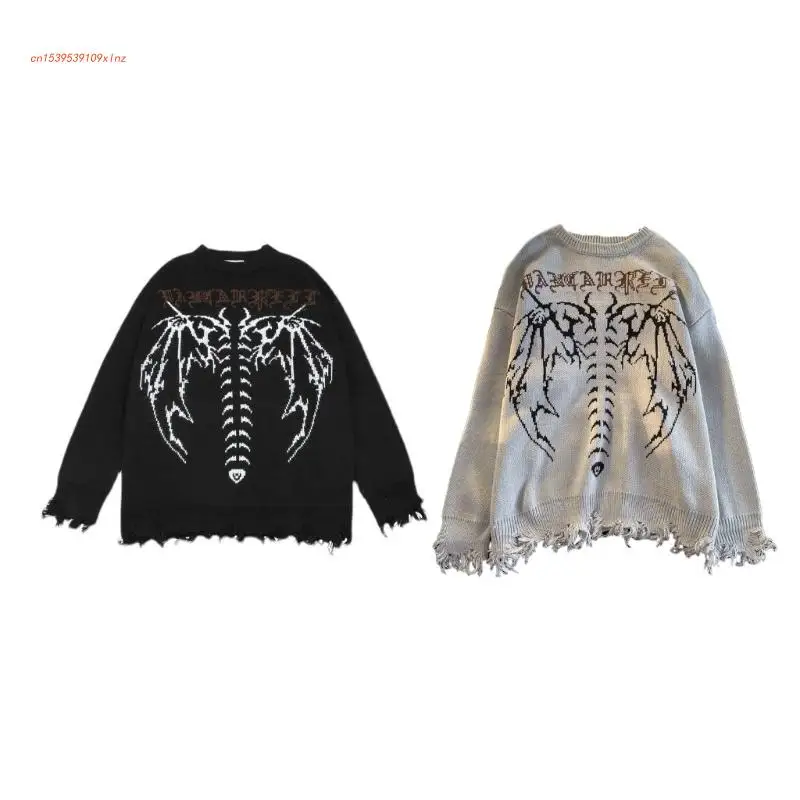 

Mens Harajuku Gothic Devil Wing Jacquard Sweater Crewneck Oversized Loose Ripped Knitwear Pullover Tunic Top Streetwear