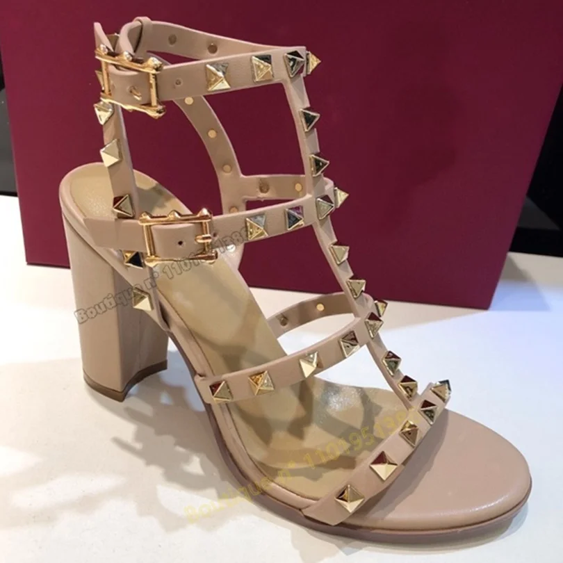

Rivet Decoration Ankle Buckle Sandals Open Toe Solid Chunky High Heel Concise Women Summer Fashion Dress Shoes Zapatillas Mujer