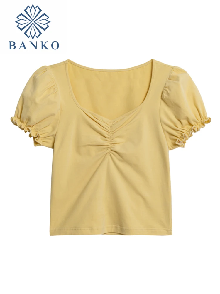 

Summer Fashion Solid V Neck T Shirts Women Short Sleeve Sexy Crop Tops Ladies Casual Sweet Puff Sleeve Fashion All-Match Clothes