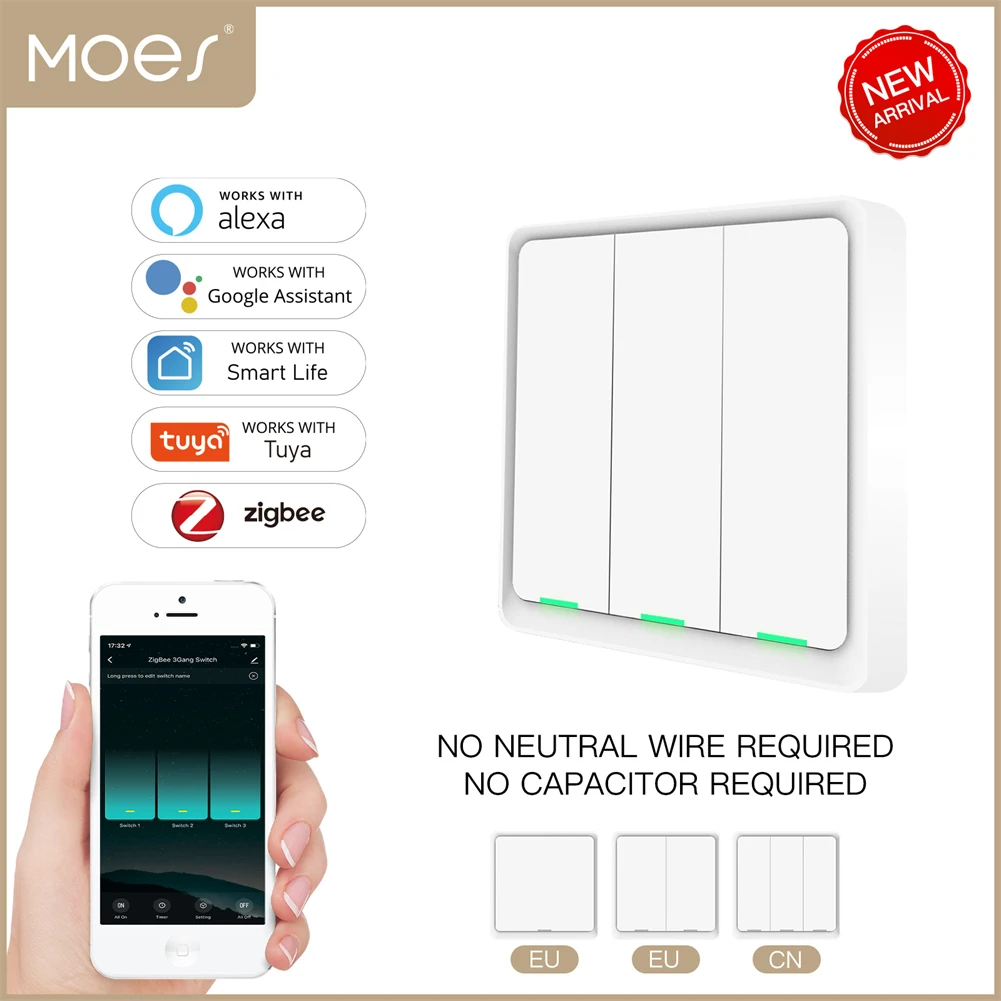 

MOES ZigBee Smart Wall Light Switch No Neutral Wire No Capacitor Needed Muilti-Control Association Control Works with Alexa