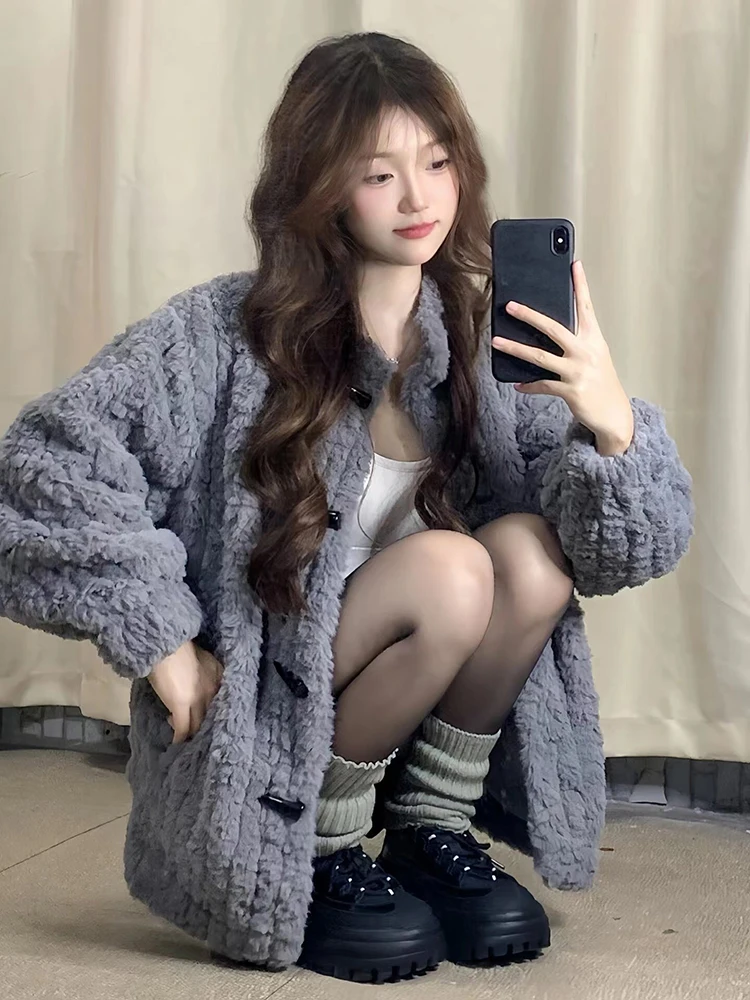 Маленькая серая верхняя одежда из овечьей шерсти American-Sle женский свободный