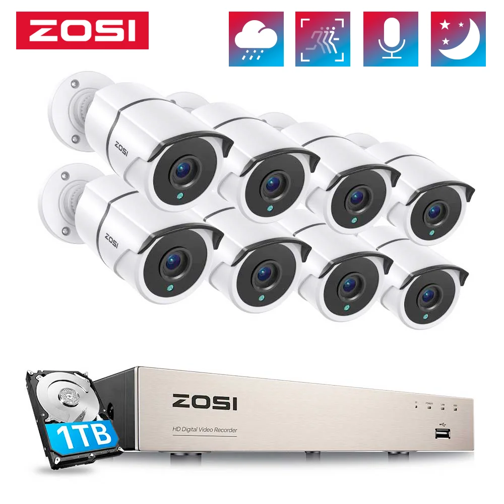 

Система камер домашней безопасности ZOSI 8CH 5MP Lite H.265 + CCTV рекордер, 8 шт. 1080P 2MP всепогодные камеры видеонаблюдения с аудио