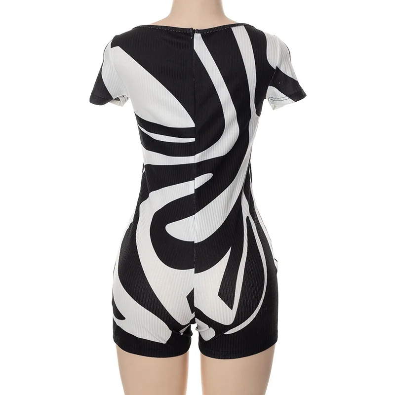 FTS Hot Summer Female Clothing Sexy Black & White Textured Print O-Neck Short Sleeve Zip Back Slim Fit Shorts Women's Jumpsuit