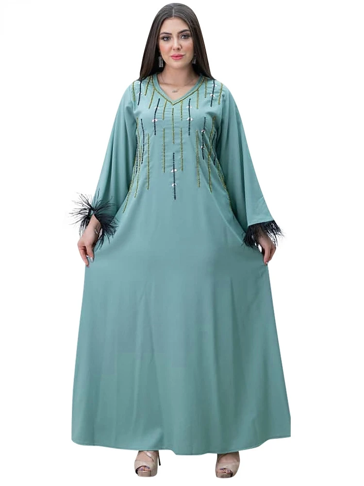 

Turkey Muslim Abaya Maxi Dress Women Feather Kimono Elbise Diamond Long Party Dresses Ramadan Vestidos Arabic Islamic Clothing