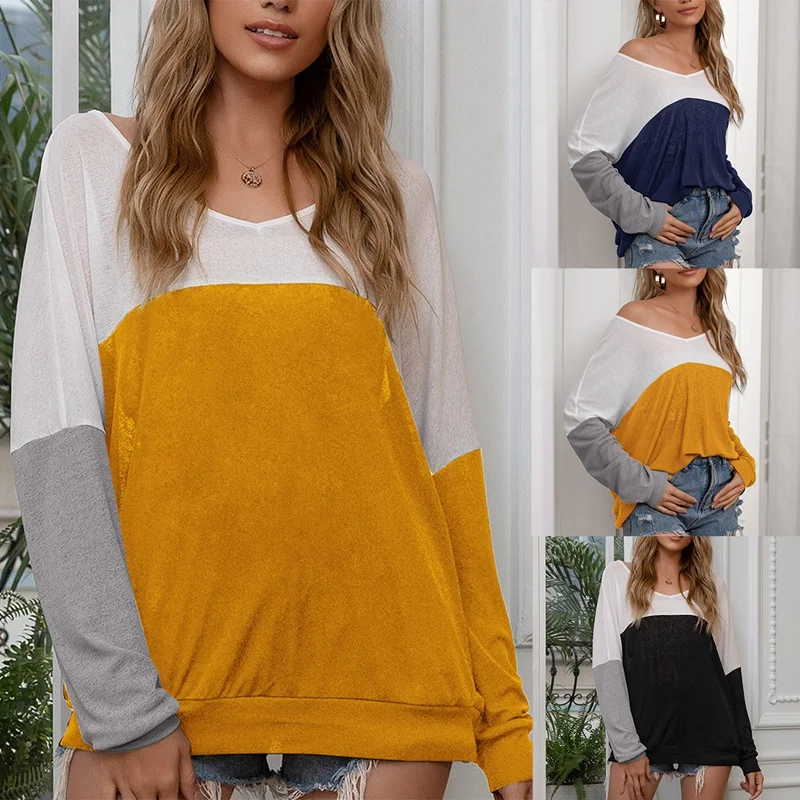 

Spring Ladies Casual Loose Contrast Color Stitching Top Fashion Long-Sleeved T-Shirt Tops
