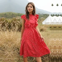 new summer white polka dot print red dress womens casual butterfly sleeves ruffled mid length chiffon elegant loose lady dres