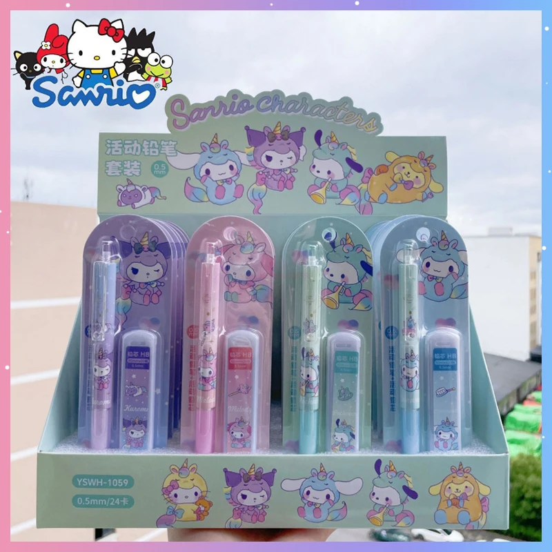 

24pcs Sanrio Mechanical Pencil Melody Kuromi Cinnamoroll Pochacco Stationery Set Automatic Pencil 0.5mm Extensible Pencil Gifts