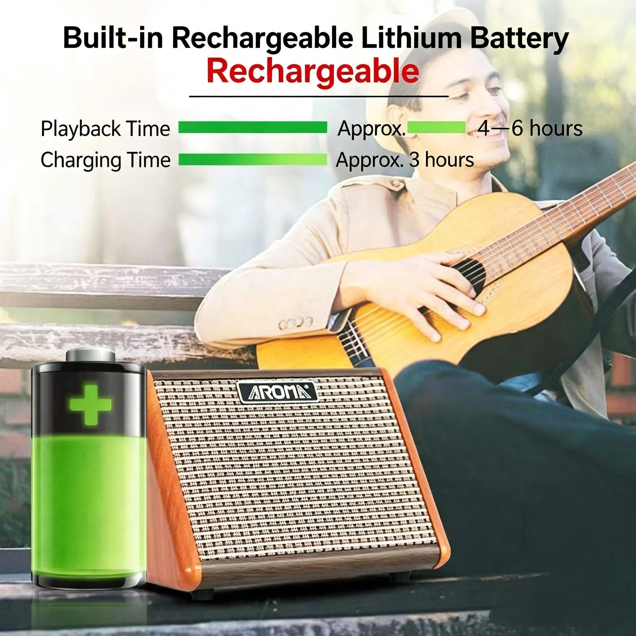 Фото Портативный усилитель для гитары 15 Вт с Bluetooth-колонкой, двойным входом для микрофона, для фолк-музыки и пения на открытом воздухе, модель AG-15A №4