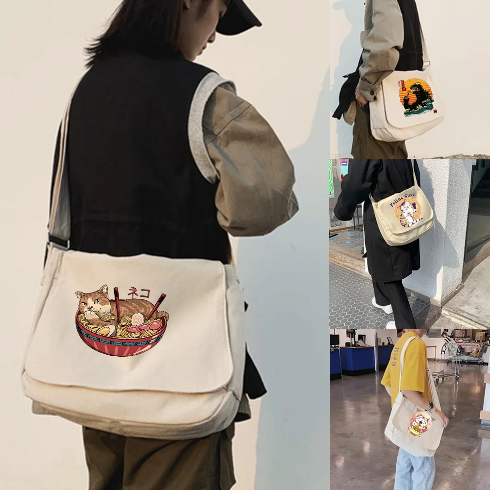 

Large Capacity Canvas Shoulder Bags for Women Japanese Harajuku Diagonal Bag Wild Student Crossbody Money Bag Japan Cat Printed