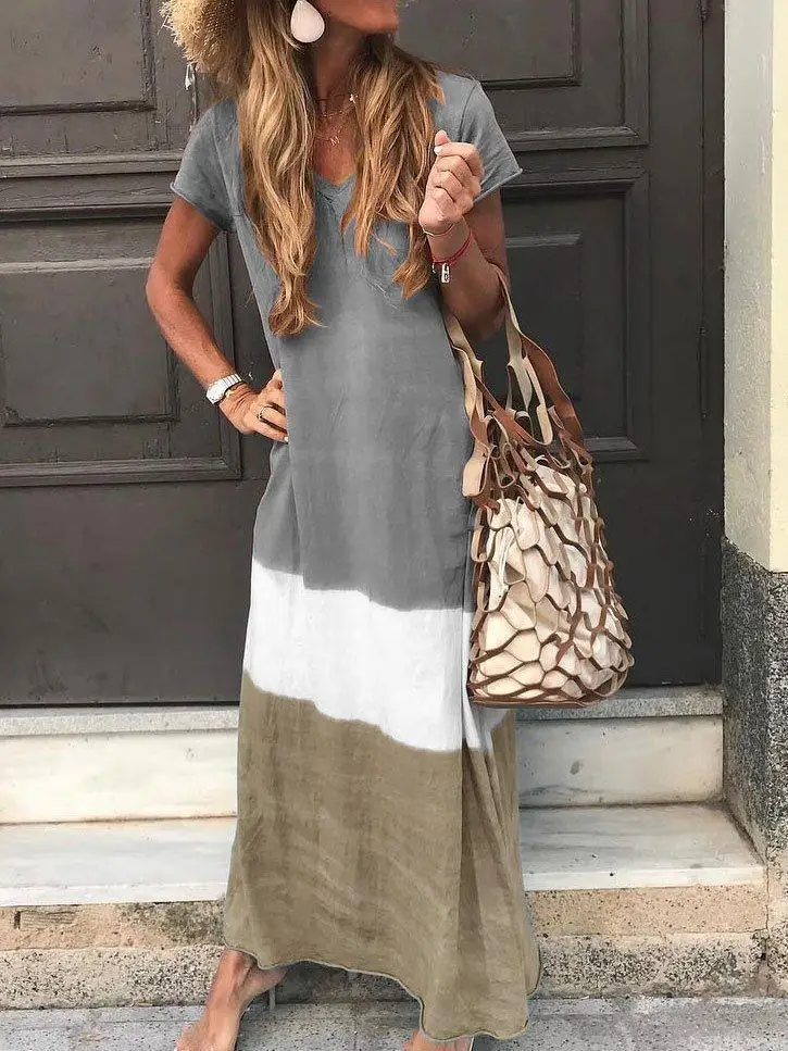 

2023 Summer Patchwork Women's Long Dress Casual Short Sleeve V-neck Dresses Female Fashion Trendy Loose Beach Clothes Ladies