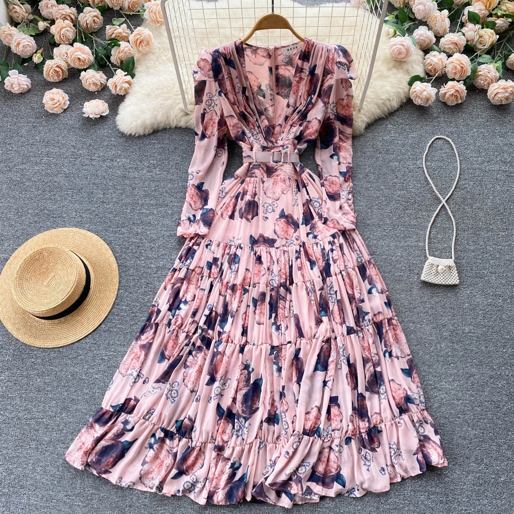 

VANOVICH Temperament Fashion Print Dress 2022 Summer New Sexy Deep V-neck Princess Sleeves Slim Ankle-Length Chiffon Dress