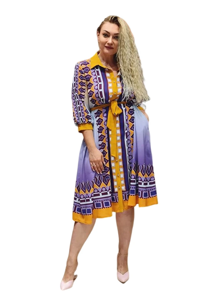 Elegant style women positioning printing side pocket shirt collar plus size dress plus size women clothing